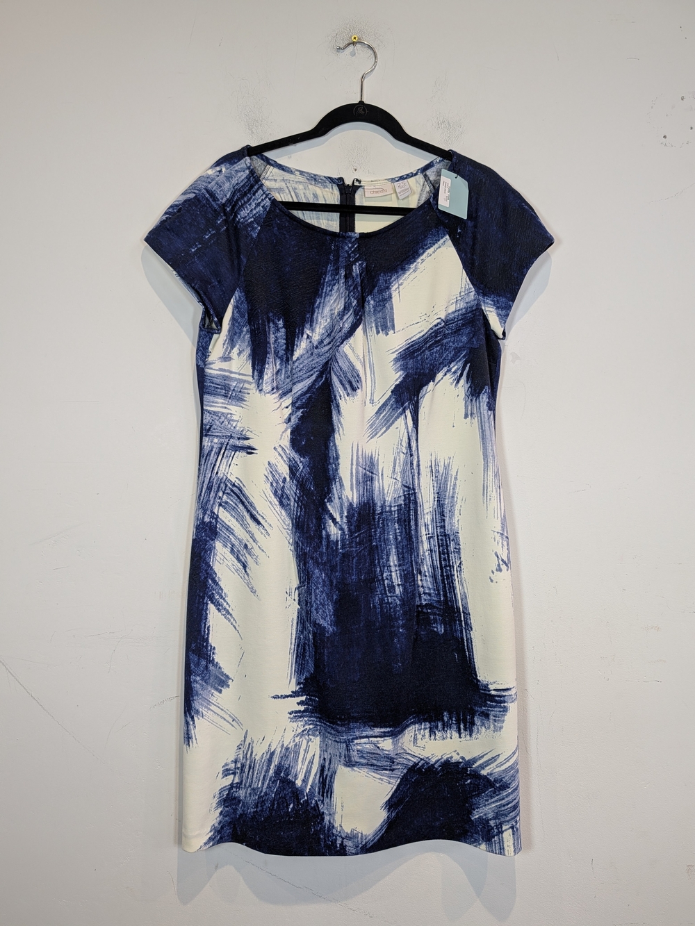 Chico's Navy Brushstroke Print Cap Sleeve Dress, Size 2.5 (14)
